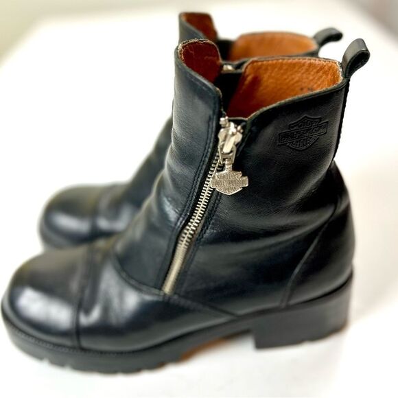 Harley Davidson Amherst Leather Double Zip Chunky Heel Ankle Boots - Picture 2 of 10